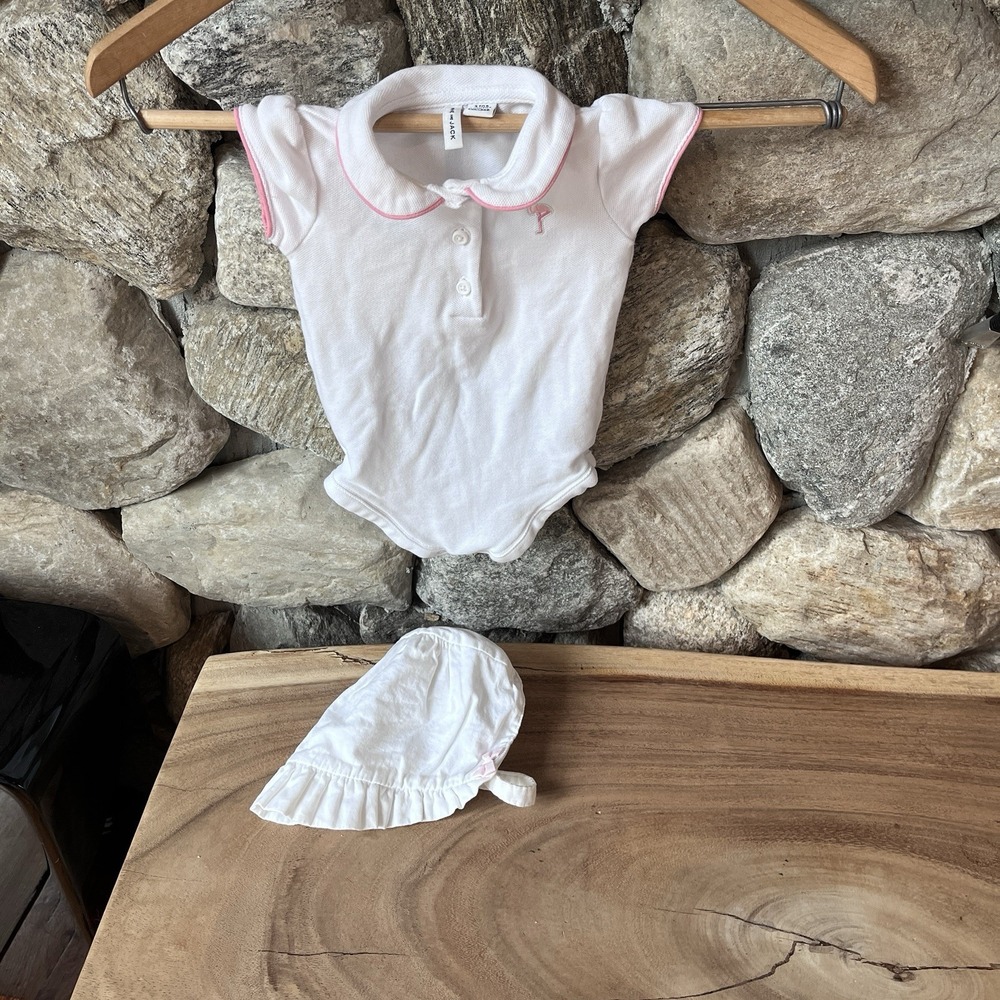 Janie and Jack Kids 3-6M White Polo Bodysuit, Pink Famingo, White Bonnet Sun Hat